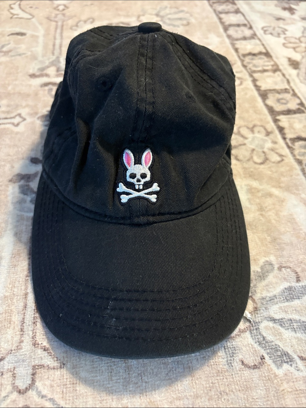 Psycho Bunny Black Baseball Cap with Bunny Skull Embroidery